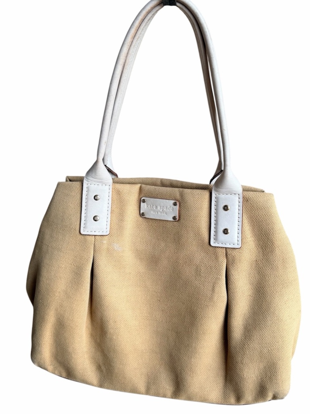 KATE SPADE NY Dark Beige Canvas/Hemp White Trimmed Large Hobo Shoulder Bag